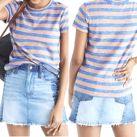 Madewell McCarren Pieced Two Tone Denim Skirt in Distressed Dark Blue Size 27 - Picture 1 of 12